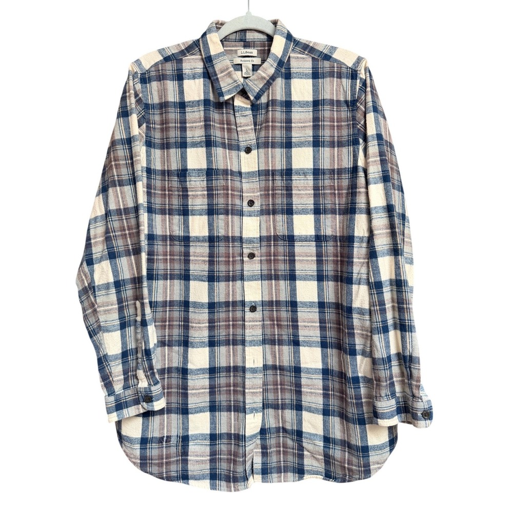 LL Bean Men L Flannel Shirt Blue Cream Plaid Grunge Layering Soft Boho